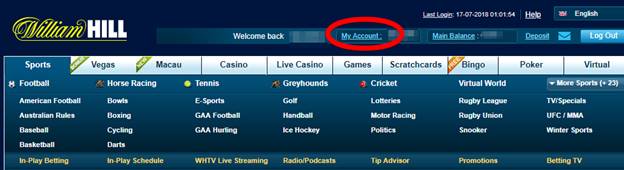 William Hill screenshot displaying "My Account" button once logged in